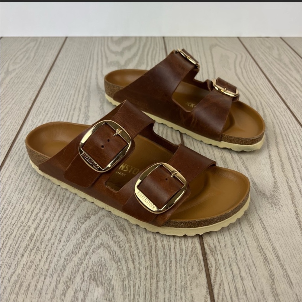 Birkenstock Arizona Oiled Leather Big Buckle Slide Sandals L8/M6 Antique Cognac